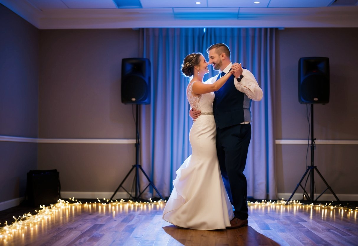 A couple stands in a dimly lit room, surrounded by twinkling lights and soft music playing. They share a tender moment as they dance together for the first time as husband and wife