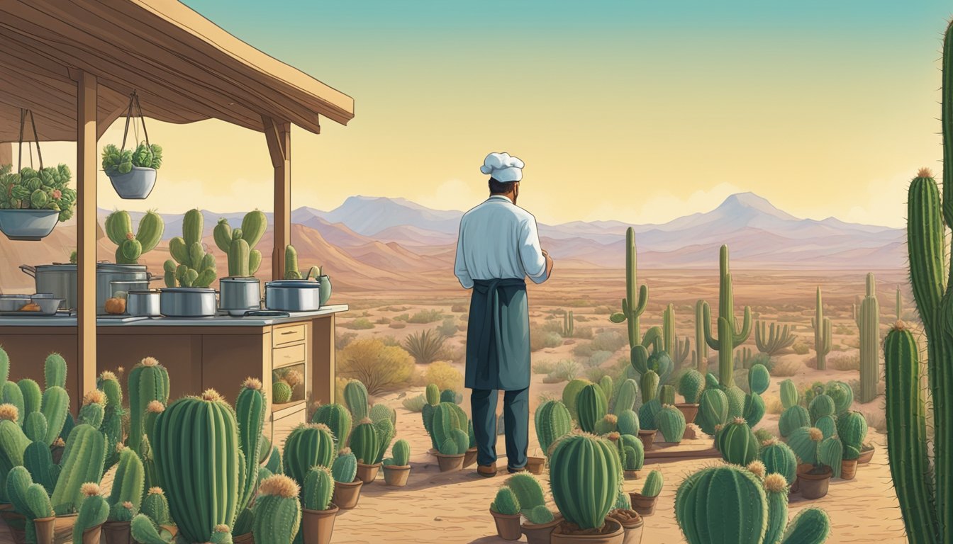 A desert landscape with cactus plants growing in the foreground, and a kitchen scene with a chef substituting cactus pads for okra in a recipe