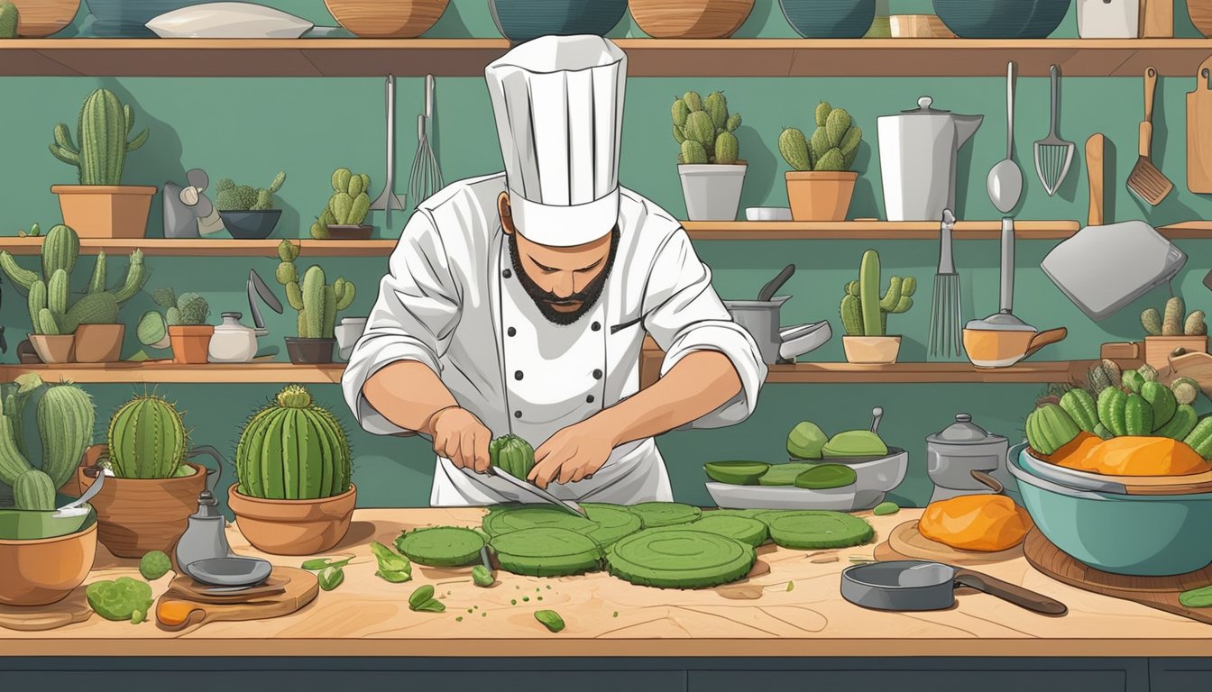 A chef slicing cactus pads in a bustling kitchen, surrounded by various global ingredients and cooking utensils