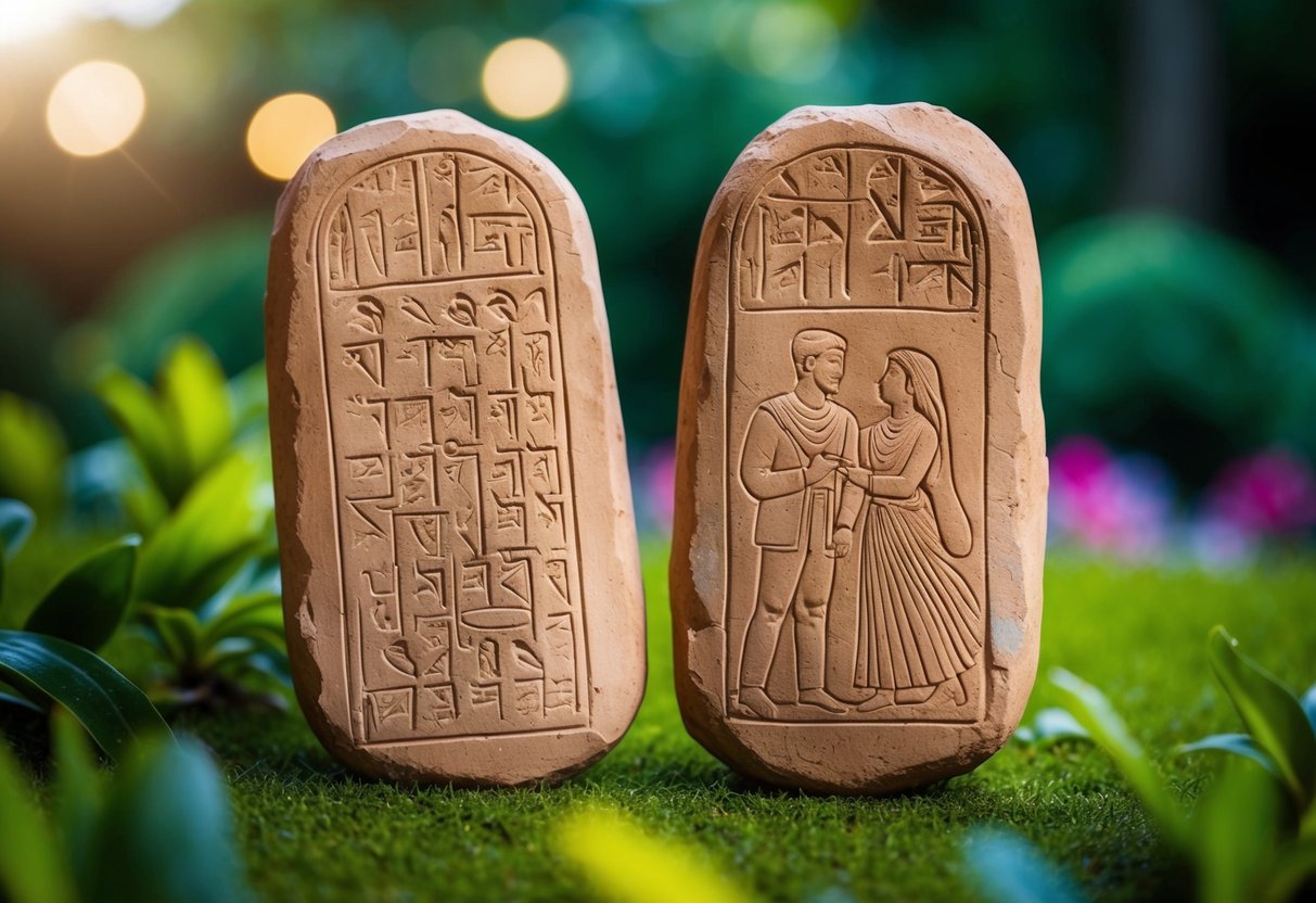 A pair of ancient clay tablets inscribed with cuneiform script, depicting a romantic scene of a man and a woman in a lush garden setting