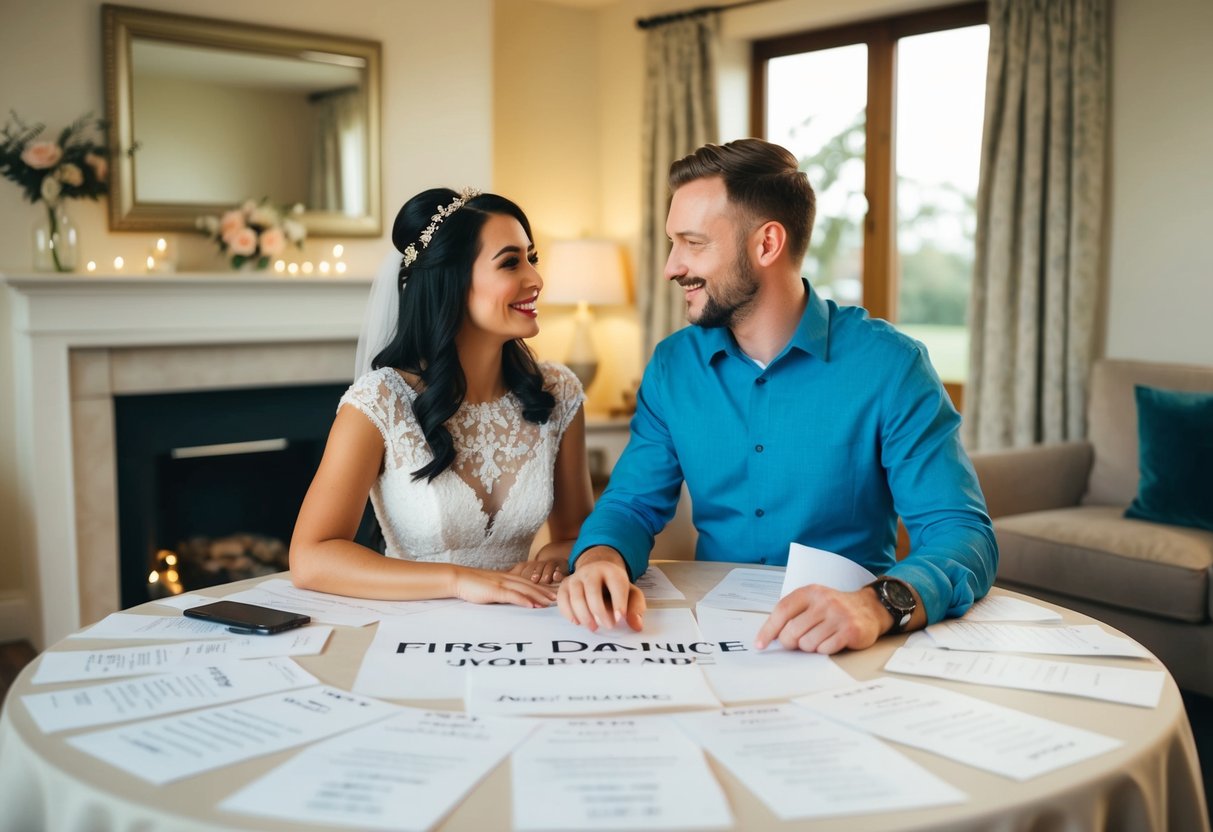 A couple sits at a table covered in wedding plans, discussing their first dance song. The room is filled with soft light and the atmosphere is cozy and romantic