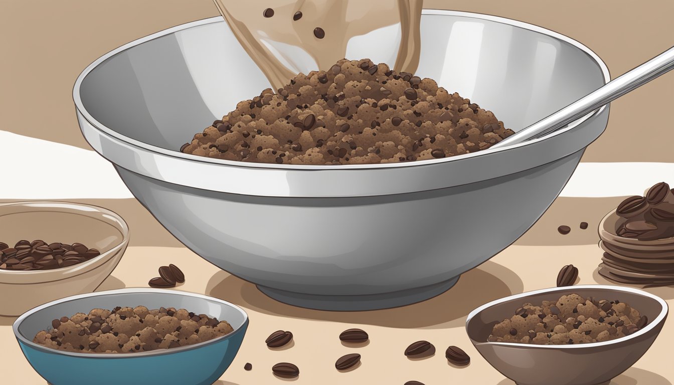 A mixing bowl filled with cookie dough, with cacao nibs being poured in instead of chocolate chips