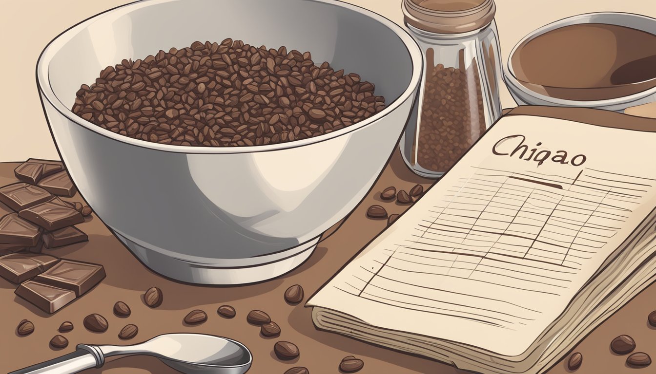 A bowl of cacao nibs being poured into a mixing bowl next to a bag of chocolate chips. A measuring spoon and recipe book sit nearby