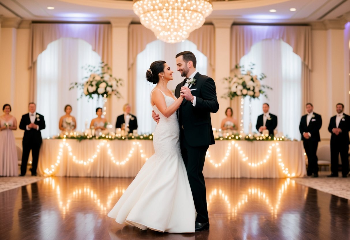 A couple stands in a softly lit ballroom, surrounded by twinkling lights and elegant decor. They share a tender moment as they dance to their surprise first dance song