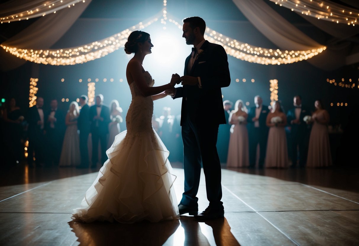 A couple's shadowed silhouettes on a dimly lit dance floor, surrounded by twinkling lights and soft music in the air