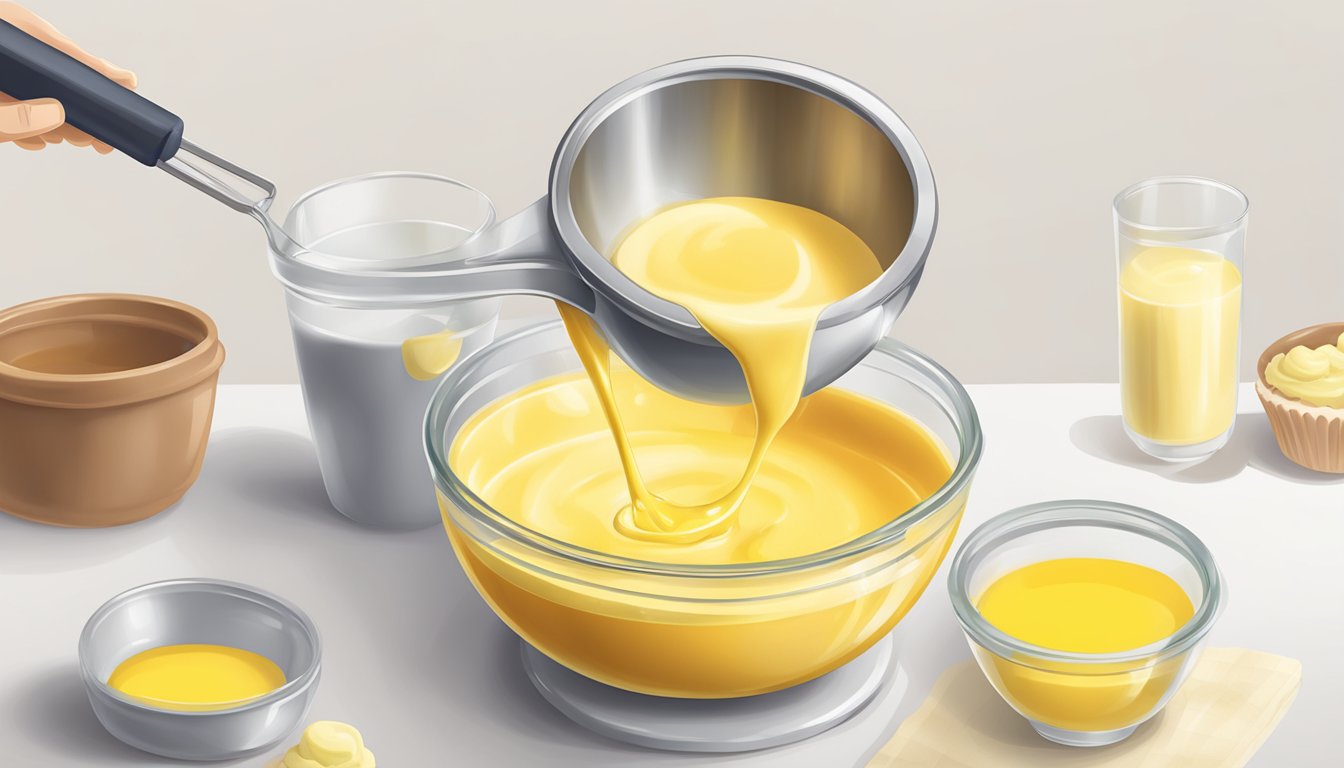 A measuring cup pouring melted butter into a mixing bowl of cake batter