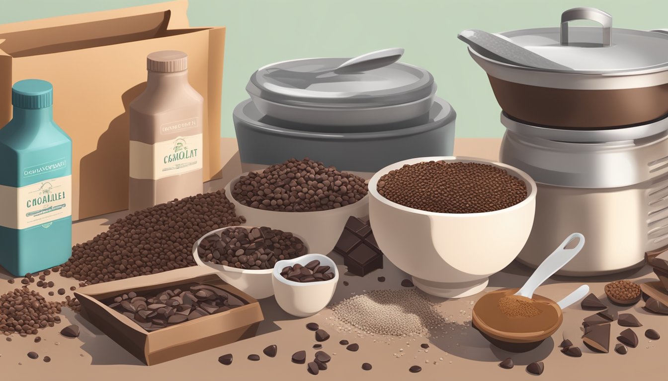 A kitchen counter with a bowl of cacao nibs next to a bag of chocolate chips, surrounded by various baking ingredients and utensils