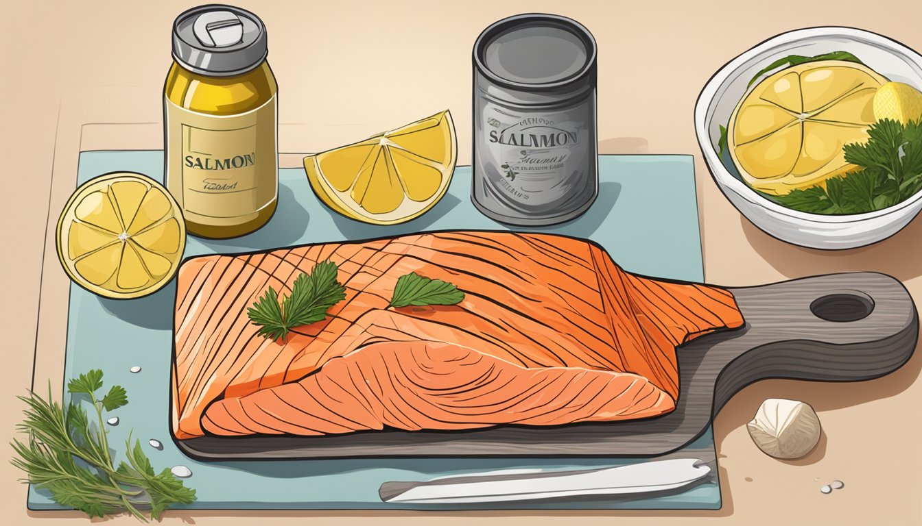 A can of salmon beside a fresh salmon fillet on a cutting board, with ingredients like lemon, herbs, and olive oil nearby for substitution