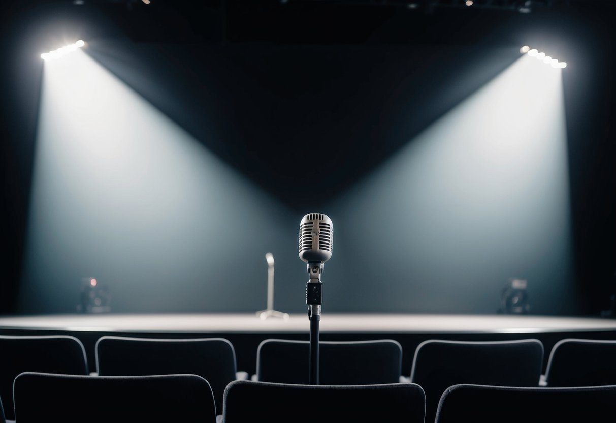 A deserted stage with a single microphone and empty seats. A spotlight shines on the microphone, casting a lonely shadow