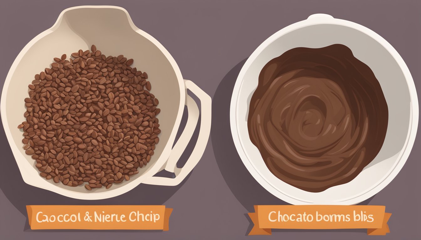 A mixing bowl filled with batter, with cacao nibs being poured in to replace chocolate chips, alongside a bag of cacao nibs and chocolate chips for comparison