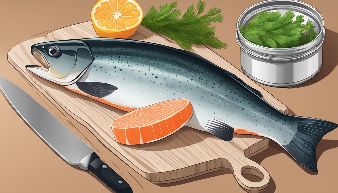 A can of salmon next to a fresh fish on a cutting board, with ingredients and utensils for cooking in the background