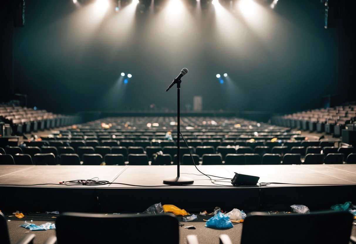 A deserted concert stage with a single microphone stand, surrounded by empty seats and scattered trash