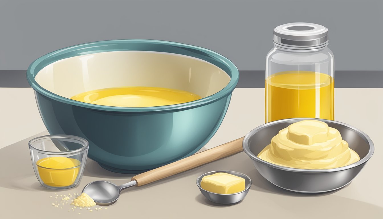 A mixing bowl with cake mix, a measuring cup of oil, and a stick of butter on a countertop