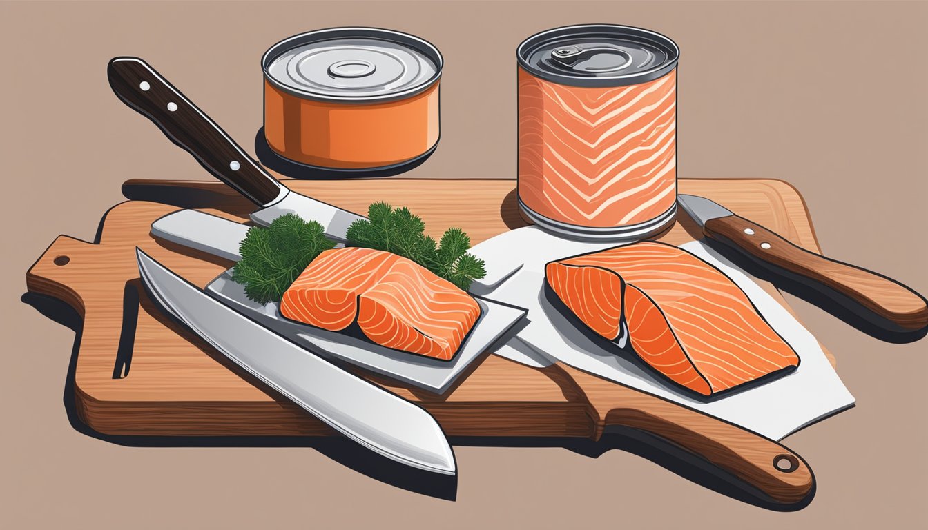 A can of salmon next to a fresh salmon fillet, with a chef's knife and cutting board