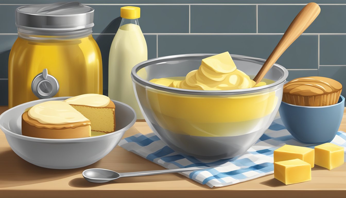 A mixing bowl with cake mix, a measuring cup of oil, and a measuring spoon of butter on a kitchen counter