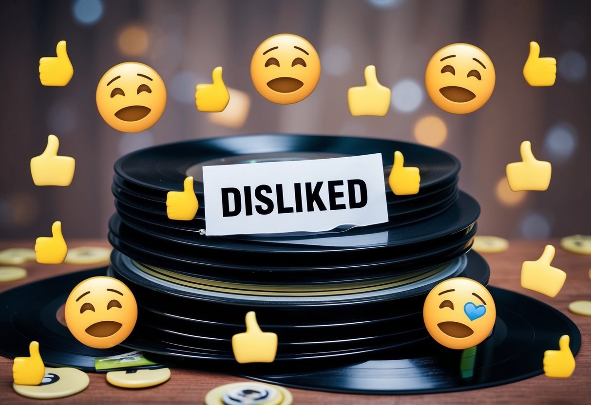 A pile of broken vinyl records with "disliked" written on them, surrounded by frowning emojis and thumbs down symbols