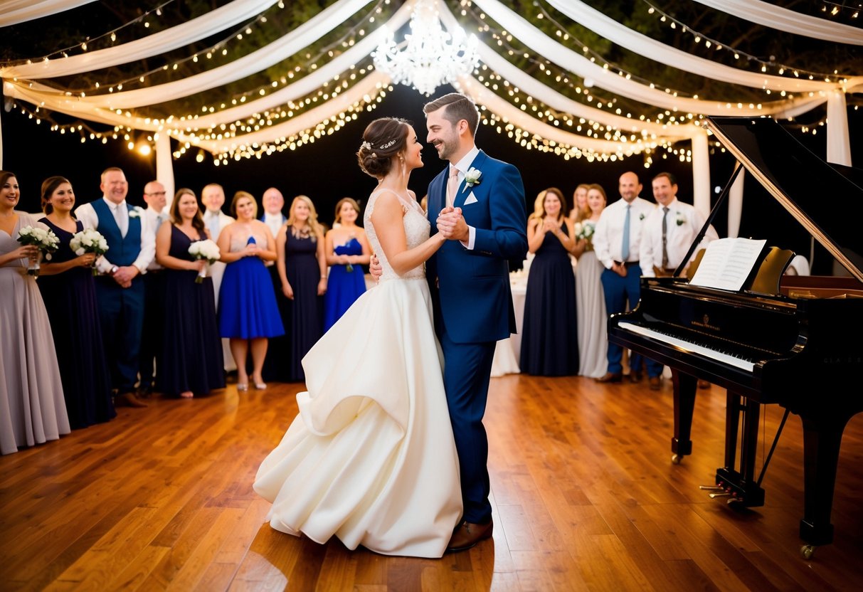 A bride and groom dance under a canopy of twinkling lights, surrounded by friends and family, as a musician plays a classic wedding song on a grand piano