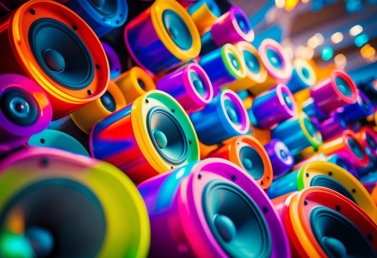 Vibrant colored speakers pulsating with sound waves, filling the air with rhythmic vibrations and energy