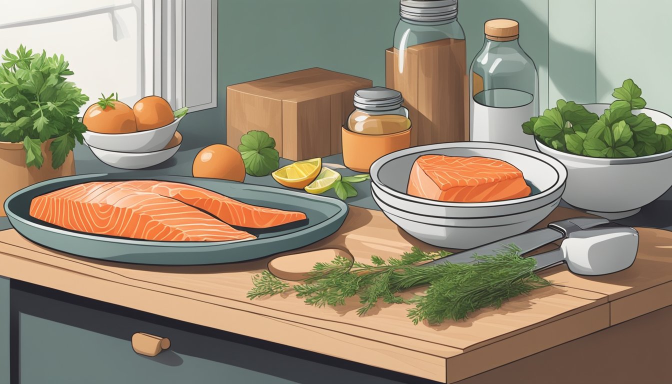 A kitchen counter with a can of salmon next to a cutting board with fresh herbs and a knife, surrounded by bowls and utensils