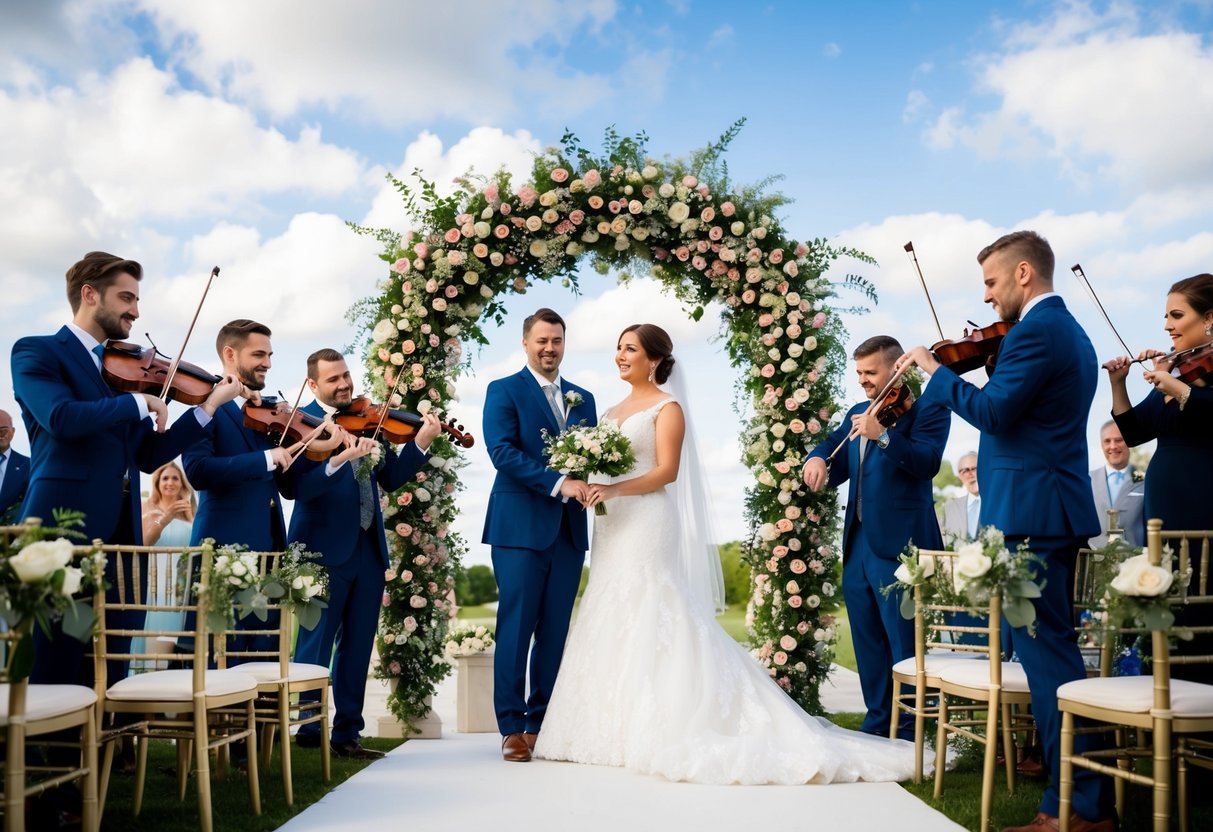 A bride and groom stand beneath a floral arch, surrounded by guests. A string quartet plays a classic wedding song