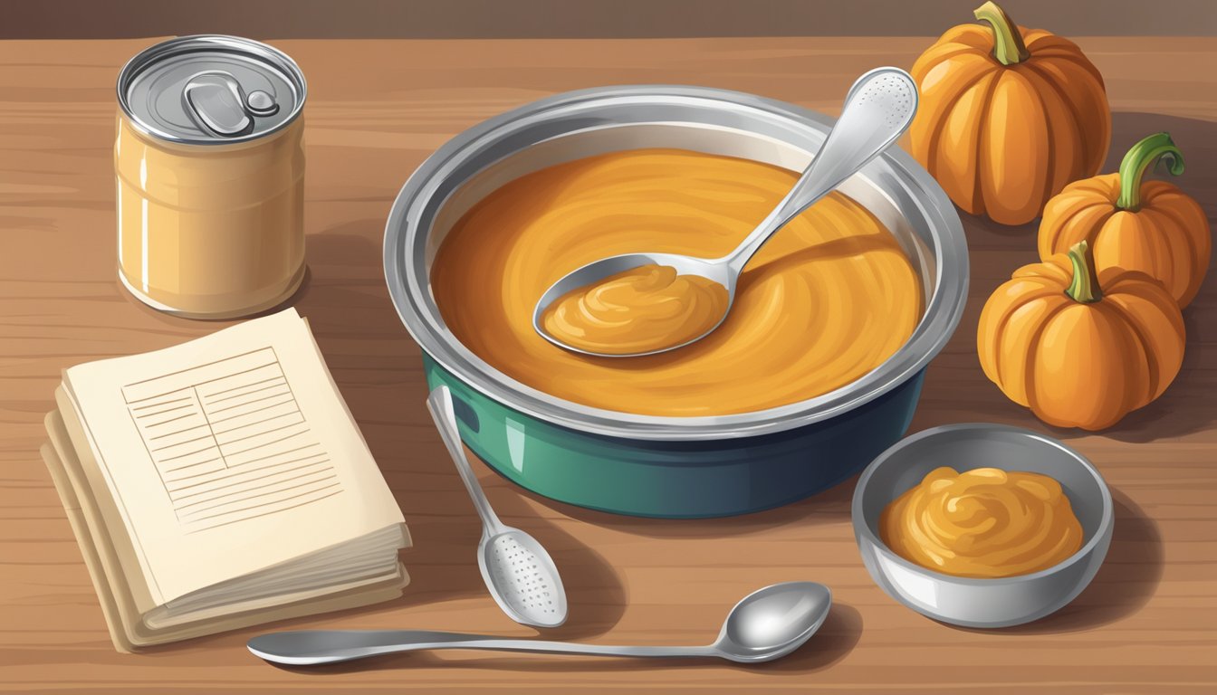 A can of pumpkin sits next to a bowl of applesauce on a kitchen counter, with a measuring spoon and recipe book nearby