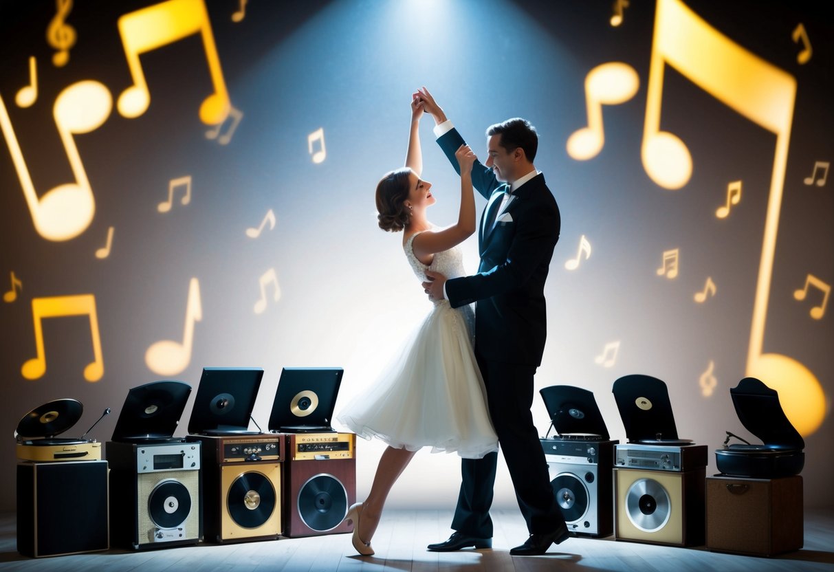 A couple dancing under a spotlight, surrounded by vintage record players and musical notes from different eras