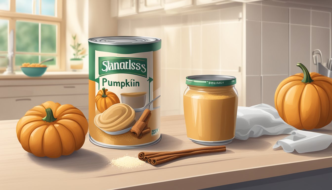 A can of pumpkin and a bowl of applesauce on a kitchen counter. Ingredients such as sugar, flour, and cinnamon are scattered nearby