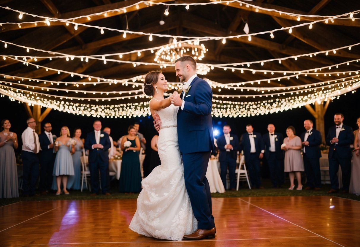 A couple dances under twinkling lights to a classic wedding song