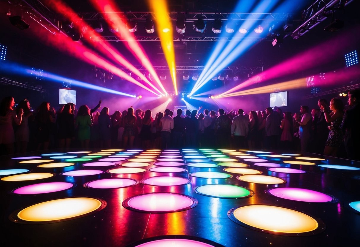 Colorful disco lights flashing on a crowded dance floor, pulsing to the beat of thumping music