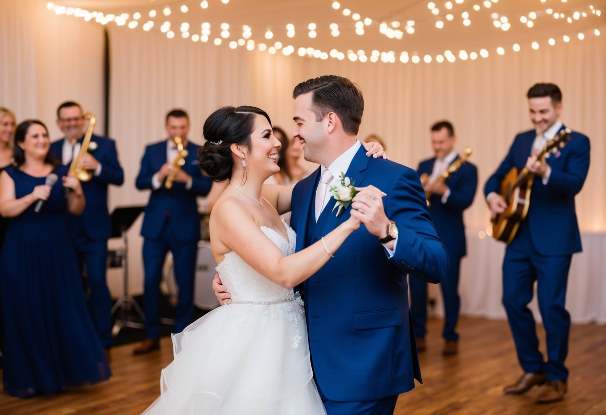 A bride and groom dancing under twinkling lights as a live band plays a classic wedding song