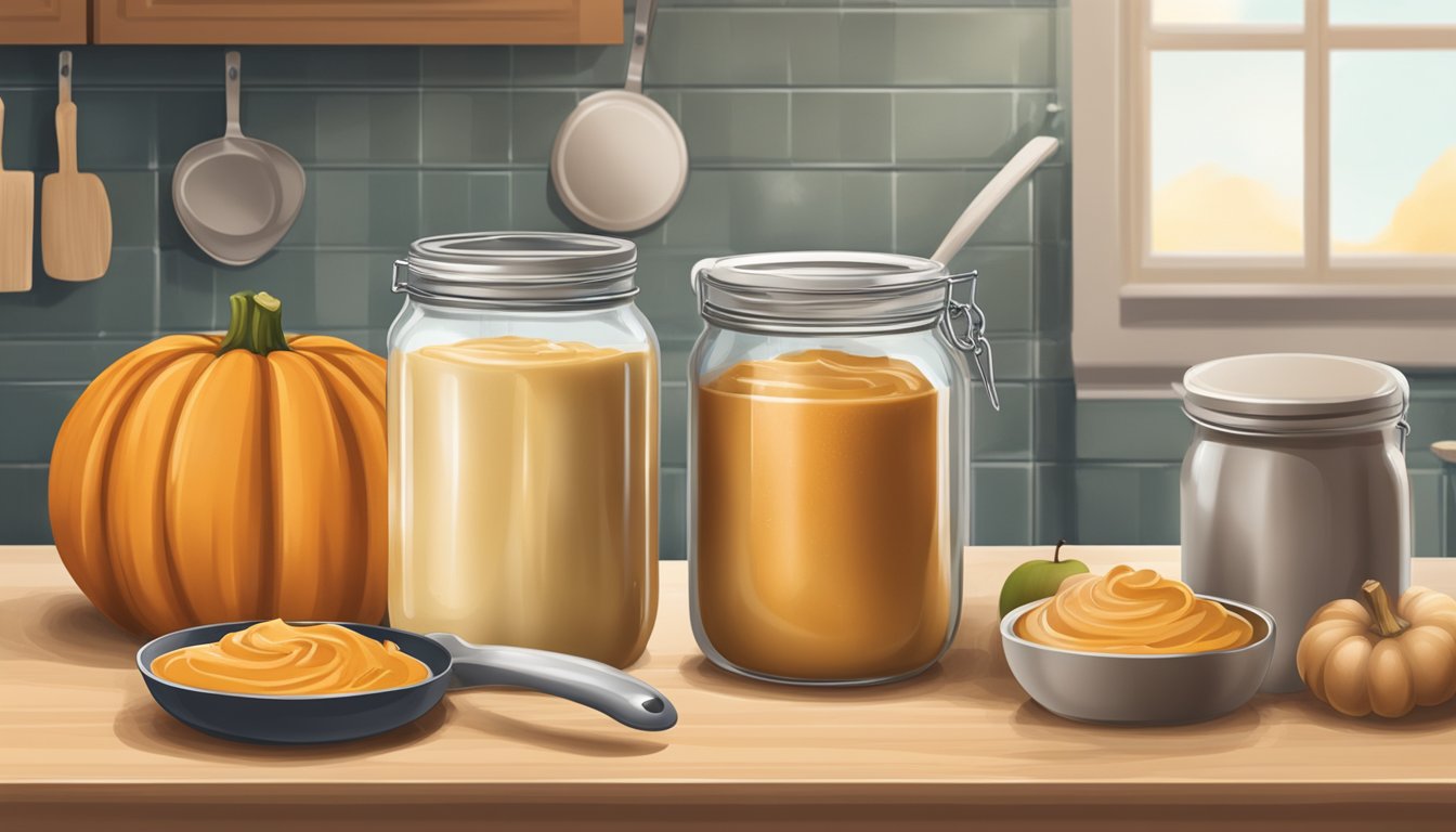 A can of pumpkin and a jar of applesauce sit on a kitchen counter, surrounded by baking ingredients and utensils