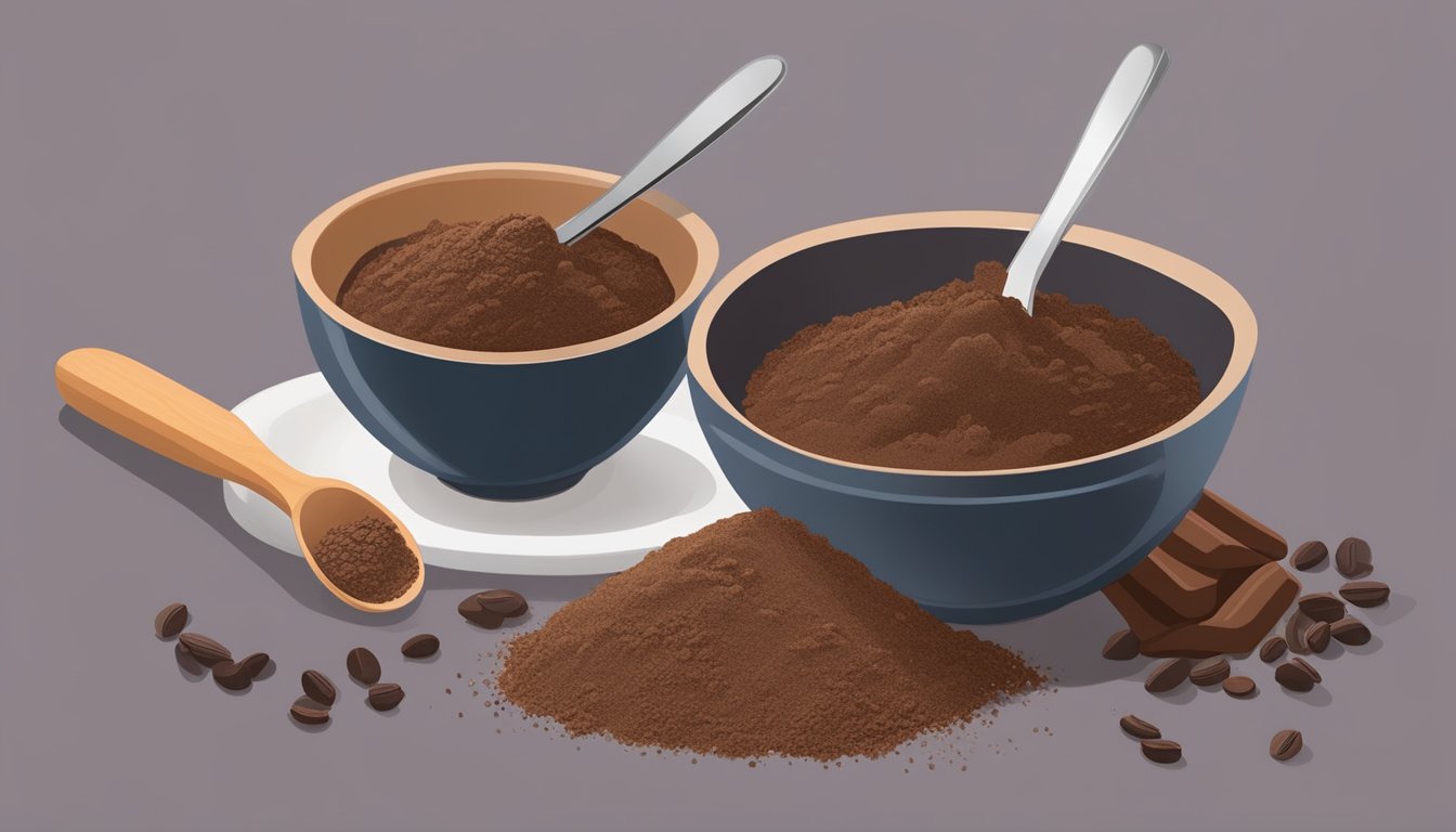 A bowl of carob powder next to a bowl of cocoa powder, with a measuring spoon scooping carob into a recipe