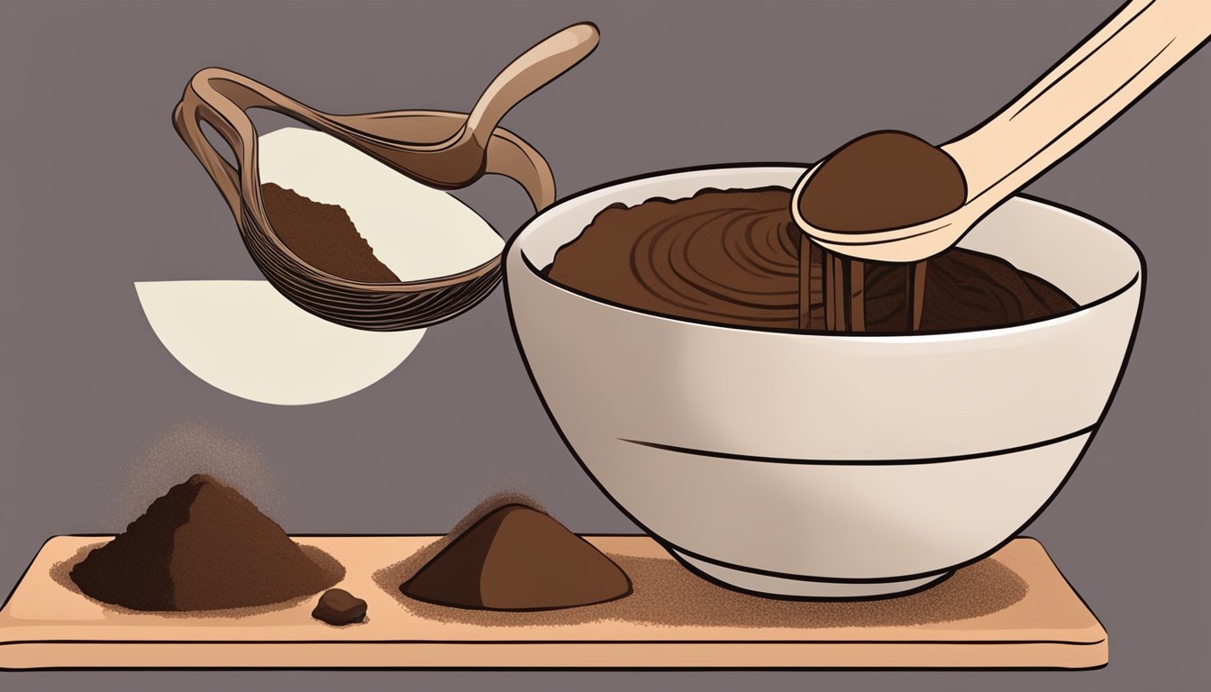 A bowl of carob powder being poured into a measuring spoon, next to a bowl of cocoa powder