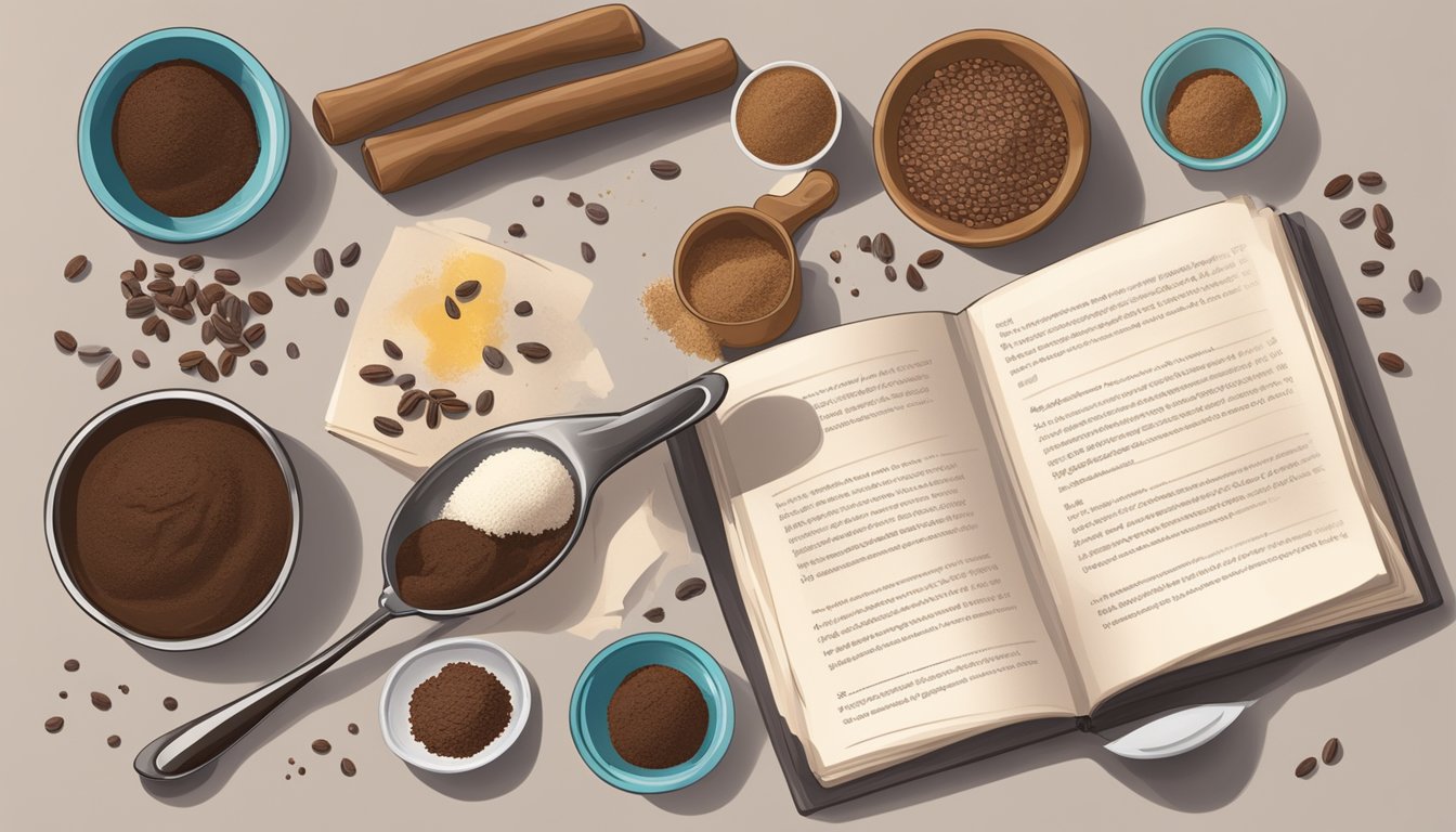 A kitchen counter with bowls of carob and cocoa powder, a measuring spoon, and a recipe book open to a page on baking substitutes