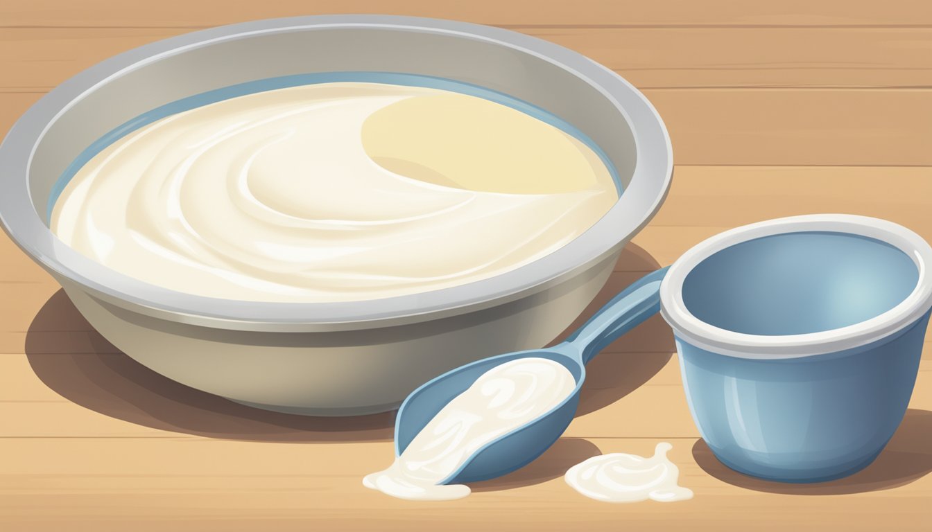 A bowl of buttermilk and yogurt side by side, with a measuring cup pouring buttermilk into a mixing bowl