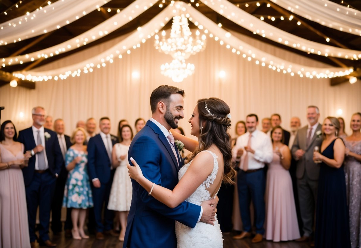 A couple sways under twinkling lights, surrounded by friends and family, to the melody of a romantic first dance song