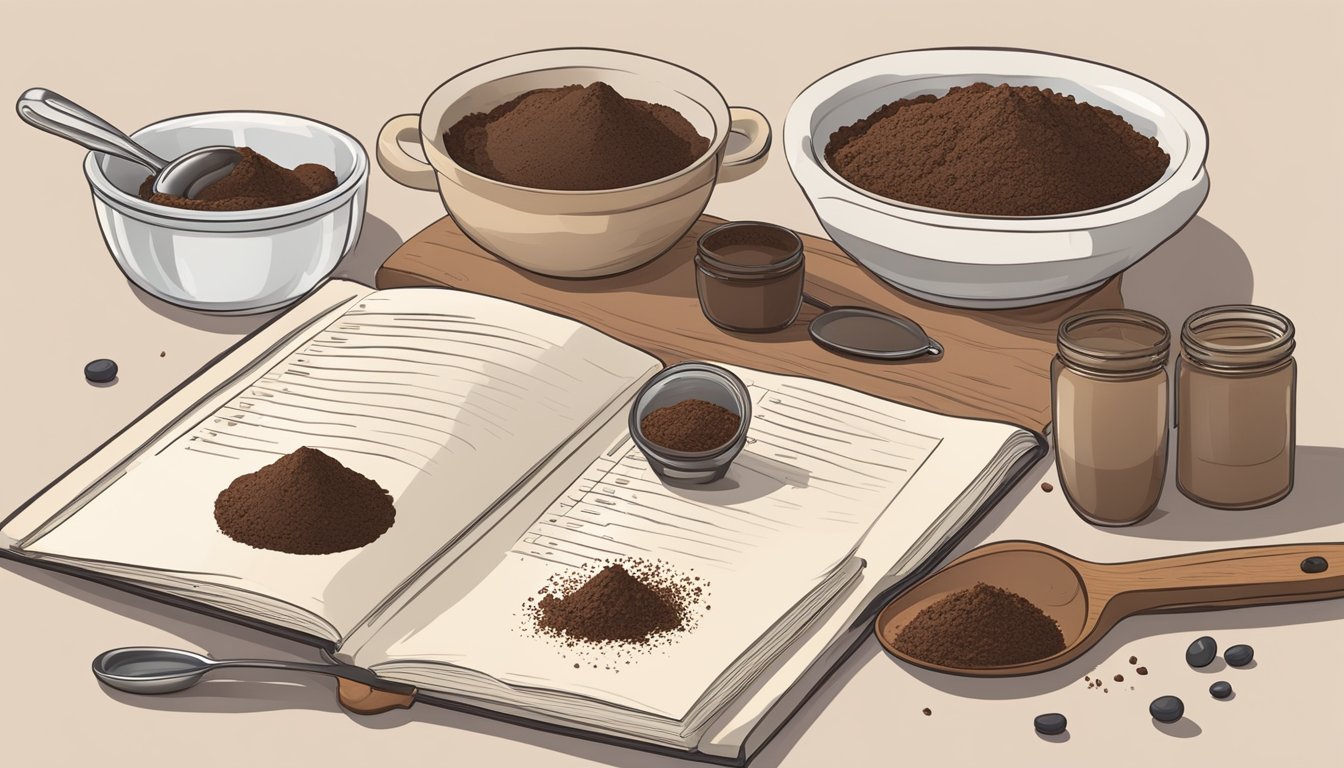 A kitchen counter with carob and cocoa powder containers, a measuring spoon, and a recipe book open to a page about specific diets