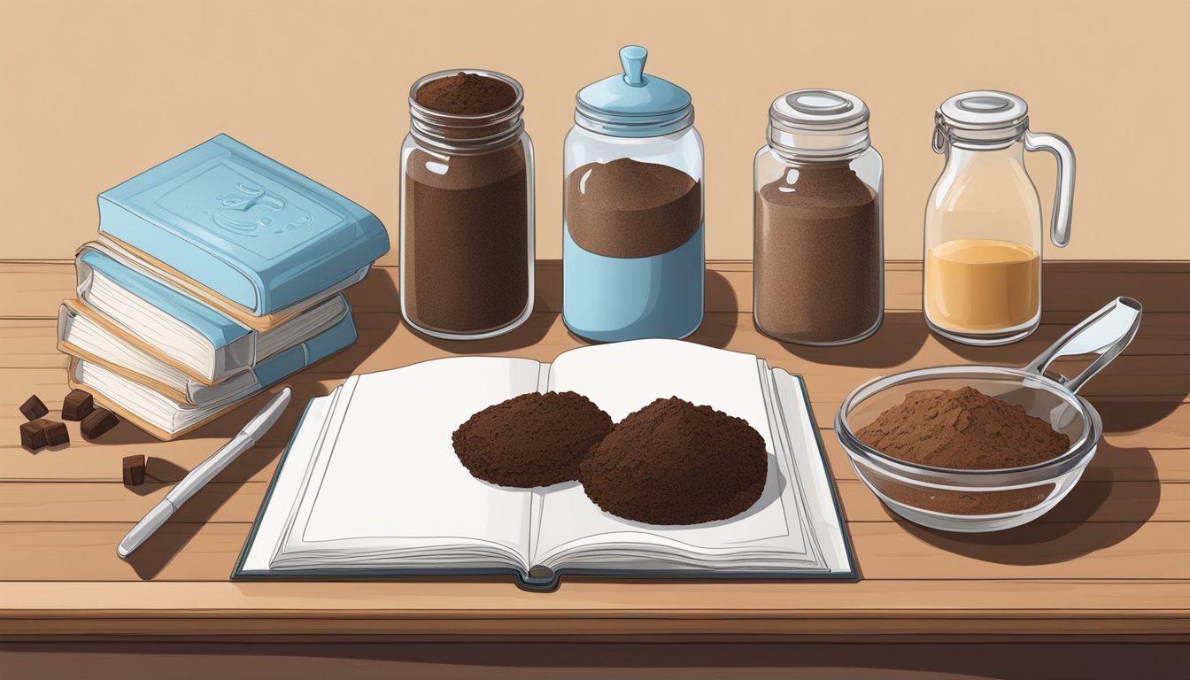 A kitchen counter with carob and cocoa powder containers, a recipe book, and baked goods