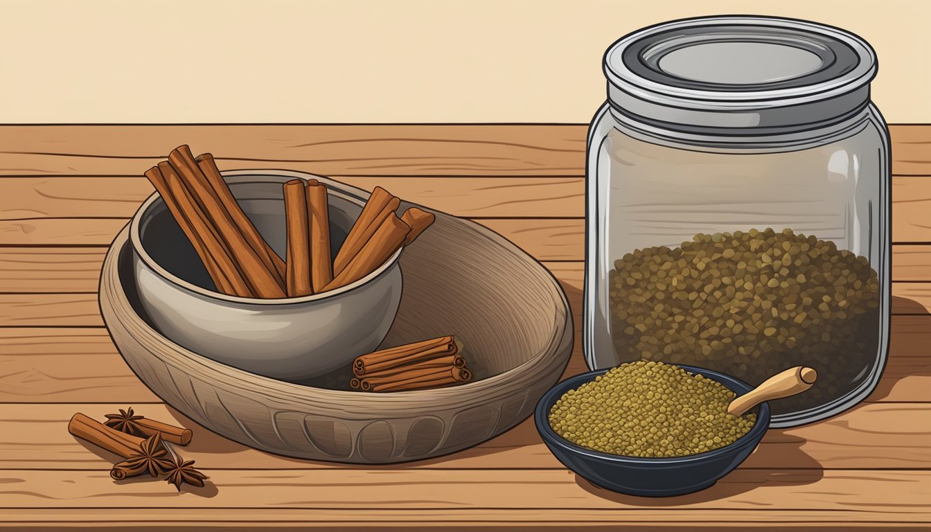 A jar of cardamom next to a jar of cinnamon on a wooden countertop, with a mortar and pestle nearby