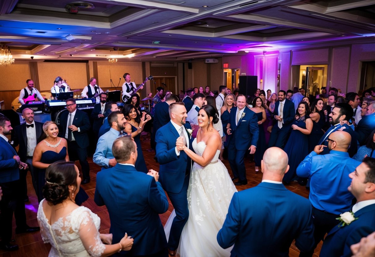 A crowded dance floor with a live band on stage and a DJ booth in the corner. The newlyweds sway to the music, surrounded by smiling guests