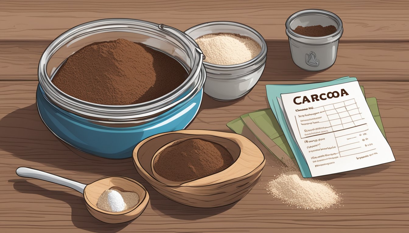 A jar of carob powder sits next to a bowl of cocoa powder, with a measuring spoon and a recipe card nearby