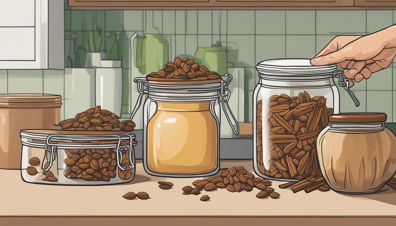 A hand reaching for a jar of cardamom while a jar of cinnamon sits nearby on a kitchen counter