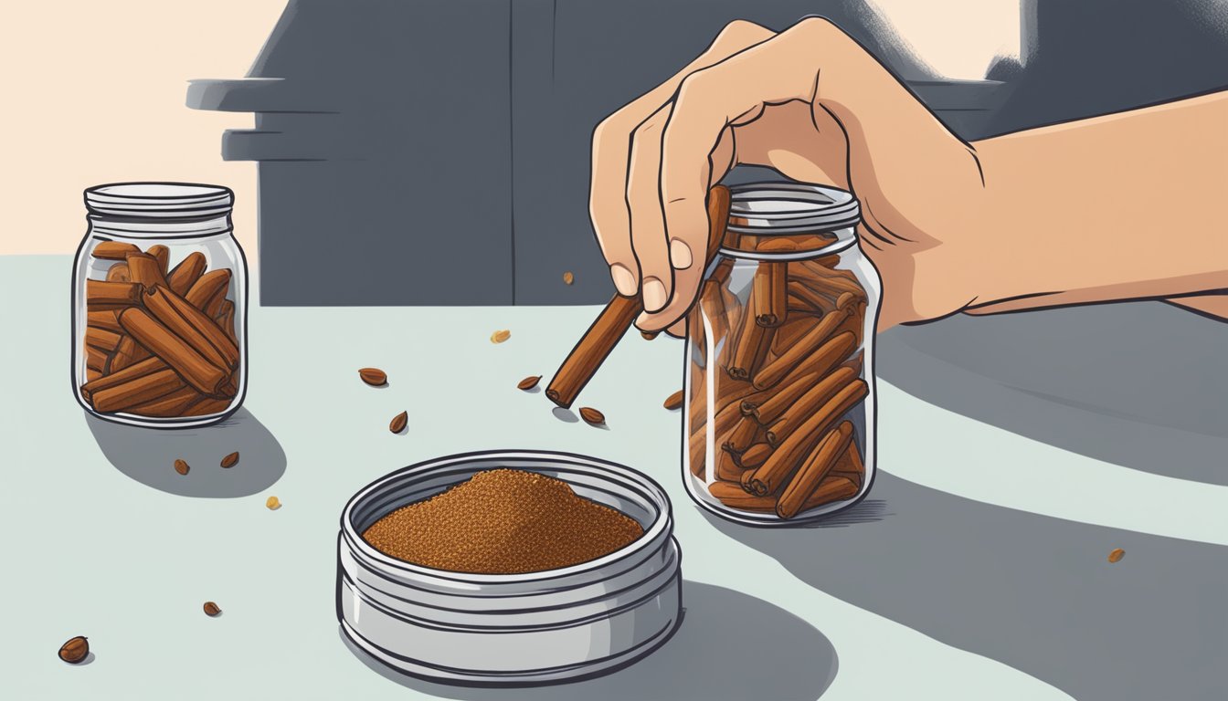 A hand reaching for a jar of cardamom while a jar of cinnamon sits nearby