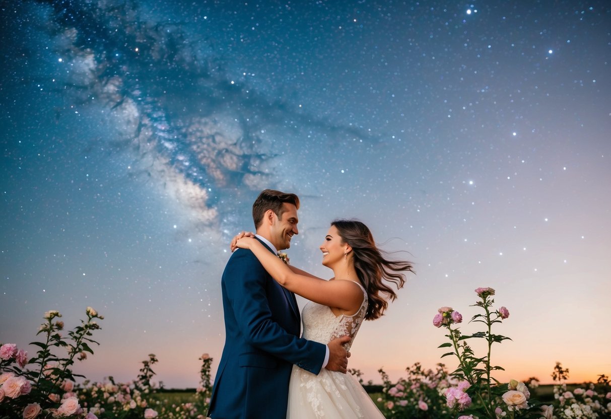 A couple dancing under a starry sky, surrounded by blooming flowers and a gentle breeze