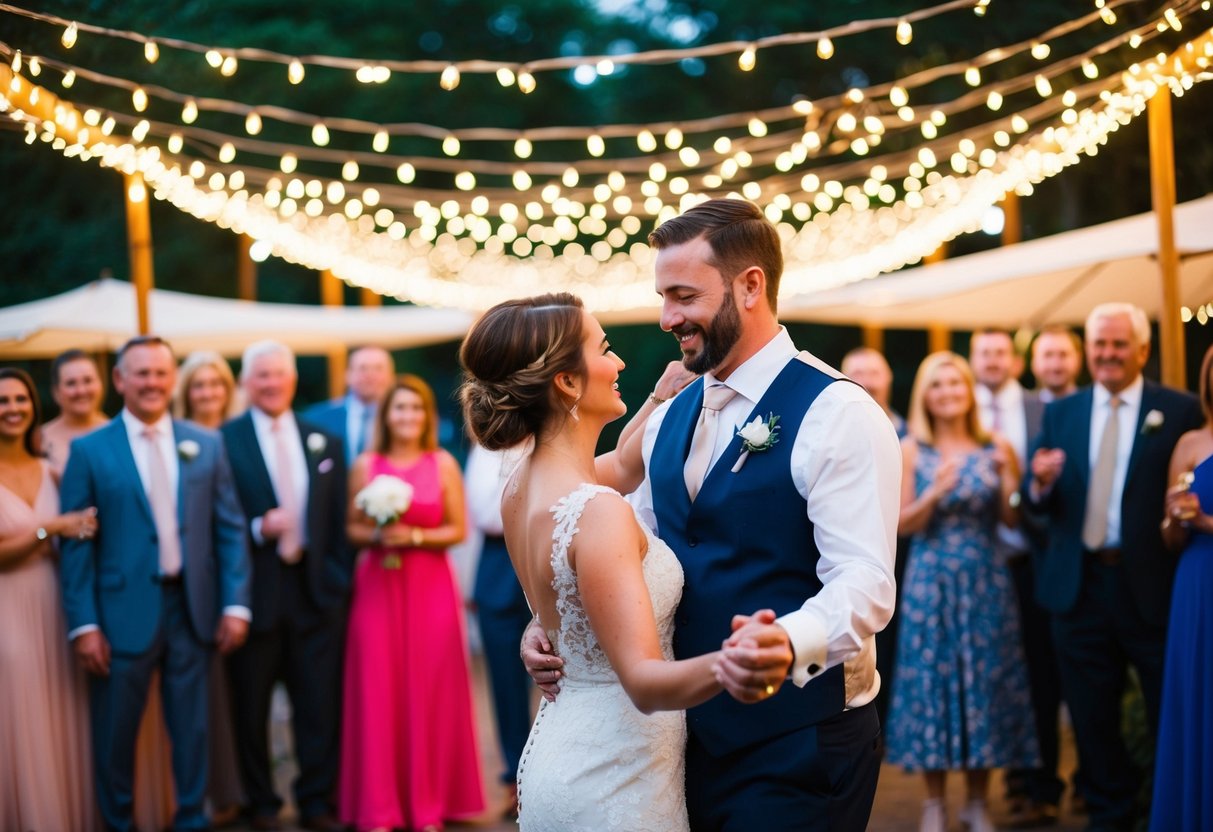 A couple dancing under a canopy of twinkling lights, surrounded by friends and family