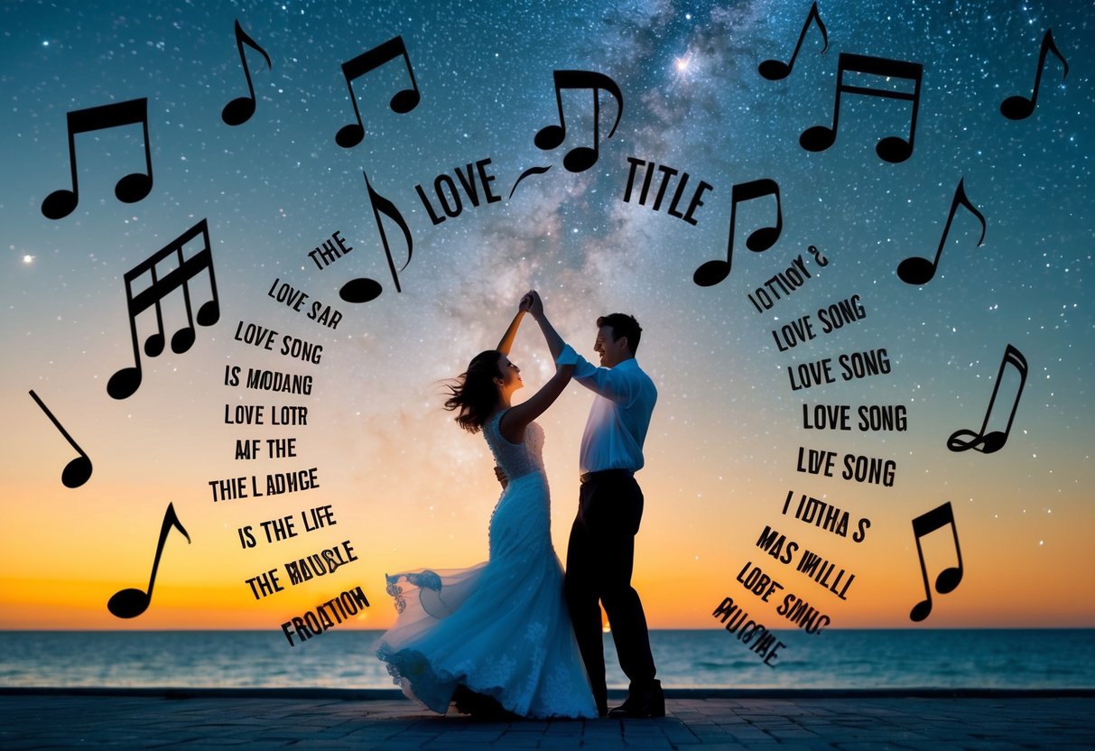 A couple dancing under a starry sky, surrounded by iconic love song titles in the form of floating music notes