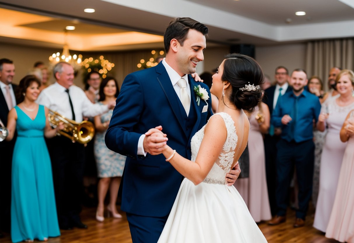 A bride and groom dancing, surrounded by guests, as a band plays a classic wedding song