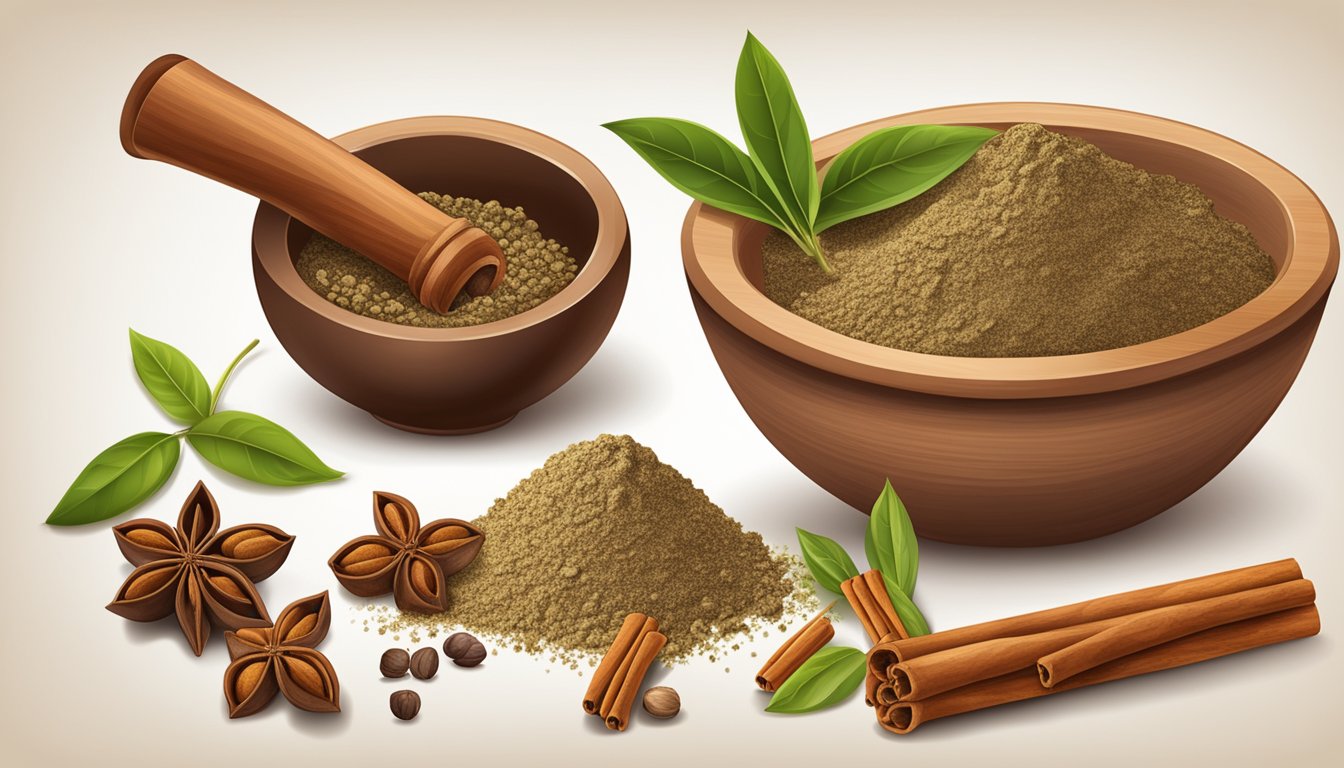 A mortar and pestle grinding cinnamon sticks into a fine powder, with whole cardamom pods nearby