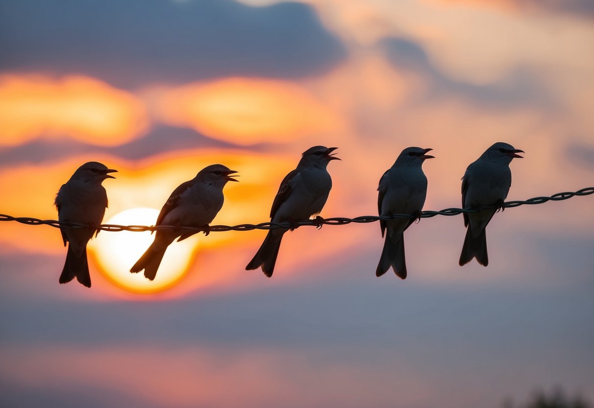 A group of birds singing in harmony under a glowing sunset