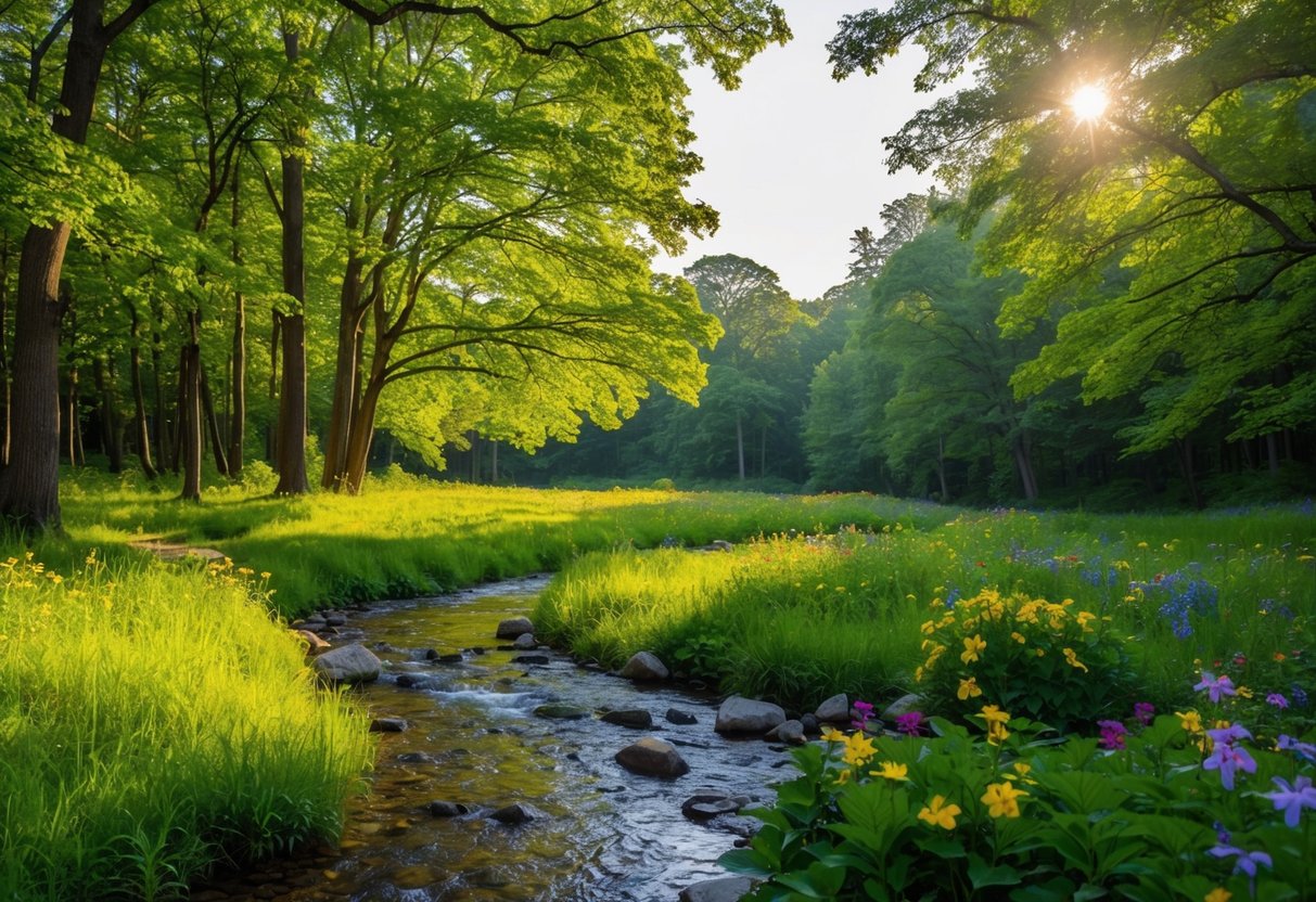 A serene forest clearing with a sparkling stream, colorful flowers, and a canopy of lush green trees. The sunlight filters through the leaves, casting a warm glow over the peaceful scene